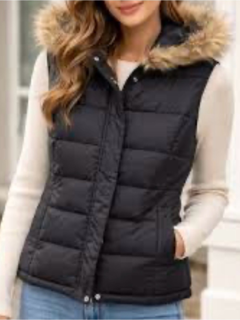 Talbots Black Quilted Puffer Vest Faux Fur Trim Detachable Hood Large